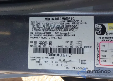 2012 Ford Fusion Se from USA, damaged, VIN 3FAHP0HA8CR379187